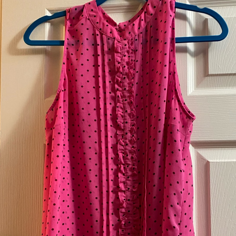 Hot pink high neck blouse with black polka dots - Picture 2 of 4